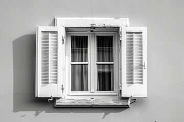 Fototapeta premium A classic white window with open shutters against a minimalist wall in a quaint setting, showcasing simplicity and charm