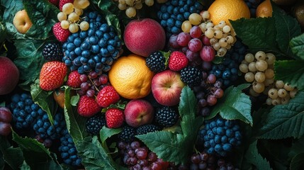 A close-up of a variety of fresh fruits, including apples, grapes, blueberries, raspberries, blackberries, and strawberries.