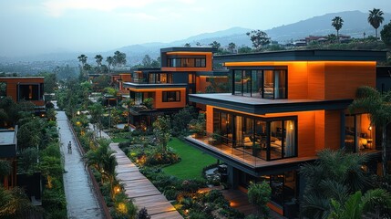 A modern housing development with sleek, minimalist homes, bike paths, and community parks.