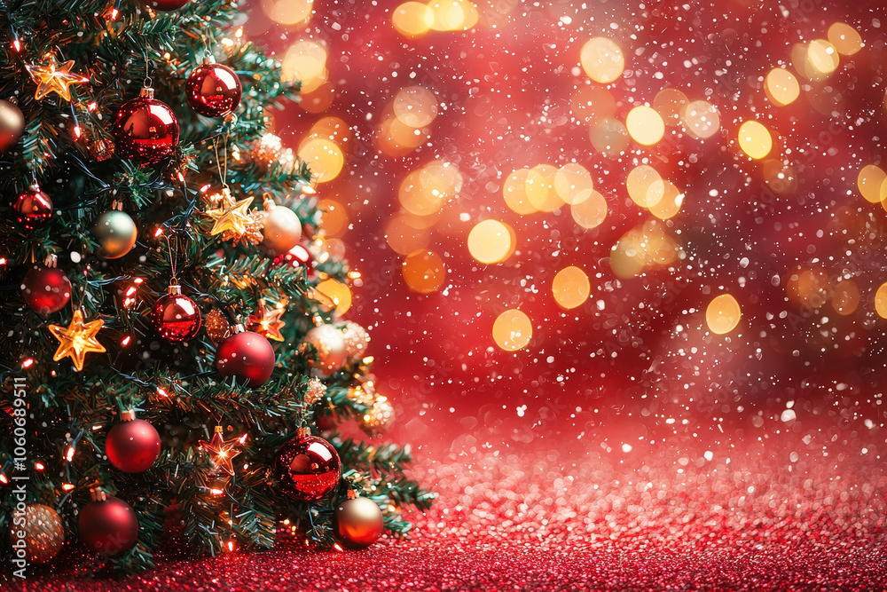 Poster Decorated Christmas tree with vibrant ornaments and glowing lights, surrounded by shimmering bokeh and snowflakes in a festive atmosphere