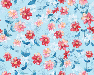 Anemone and daisy flowers hand drawn watercolor pattern.