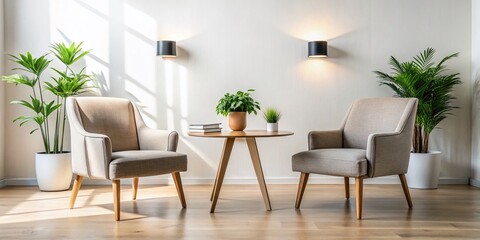 Professional Interview Setup with Stylish Chairs, Soft Lighting, and Neutral Background for Corporate Environments, Ideal for Business, Coaching, and Recruitment Photography