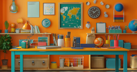 Orange Wall Classroom Desk Supplies Bookshelf
