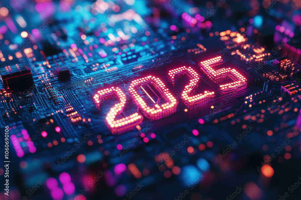 Poster the circuit board features vibrant neon lights forming the year 2025, highlighting innovation and te