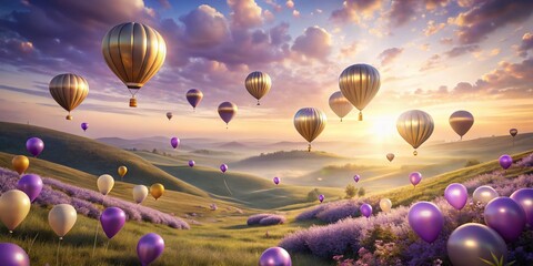 Purple and Gold Balloons Floating in a Dreamy Landscape - Ethereal Scene Perfect for Celebrations, Events, and Festive Imagery with a Seamless Loop Effect