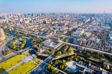 Fototapeta premium Early morning aerial View of Yongning Gate, south gate of Xi'an City Wall, Shaanxi Province, China