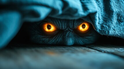 A close-up of glowing, piercing eyes peering from beneath a blue blanket, creating an eerie and suspenseful atmosphere, This image can be used for horror-themed content, stories, or marketing,
