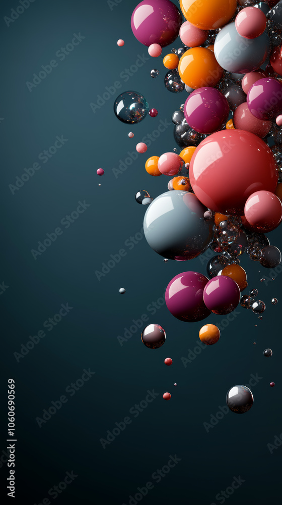 Wall mural colorful shiny 3d bubbles floating in dark background, creating vibrant and dynamic visual effect. a
