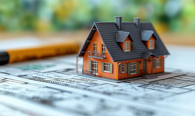 Miniature model of house on blurred background.