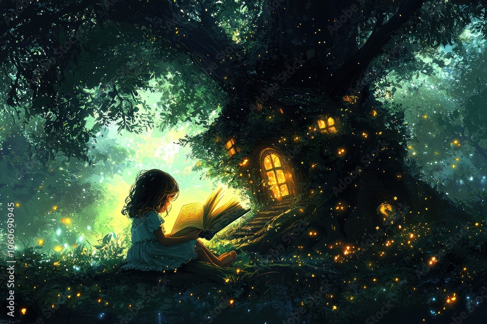 Poster a girl reads by a glowing treehouse in a forest filled with fireflies