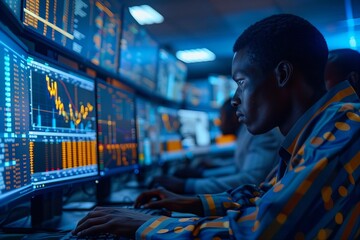 African Financial Data Analysts Utilizing Performance Dashboards on Office Screens