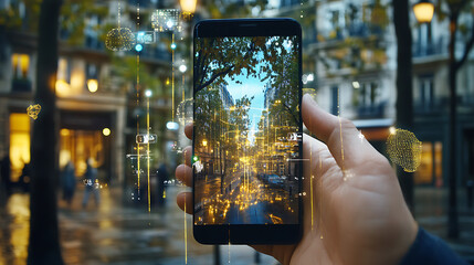 person holding smartphone displaying city scene with digital overlays