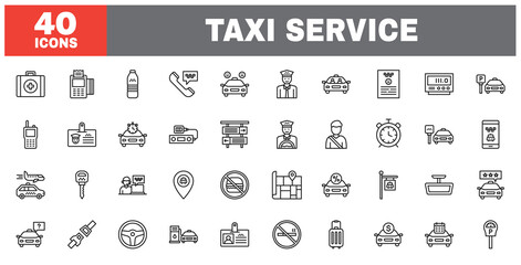 Set of 40 line icons taxi service. Outline icon collection. Editable stroke. Vector illustration.