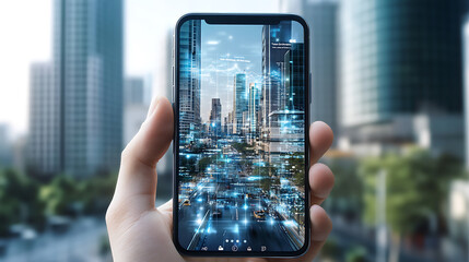 Smartphone displaying augmented reality cityscape with digital overlays