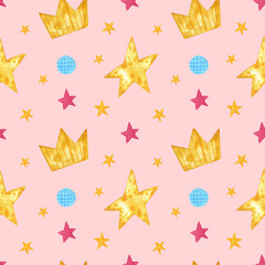 Children's bright abstract pattern with small yellow and pink stars, watercolor illustration. Children's pattern for girls. Good for fabric, textile, pajamas, linen, wallpaper, background.