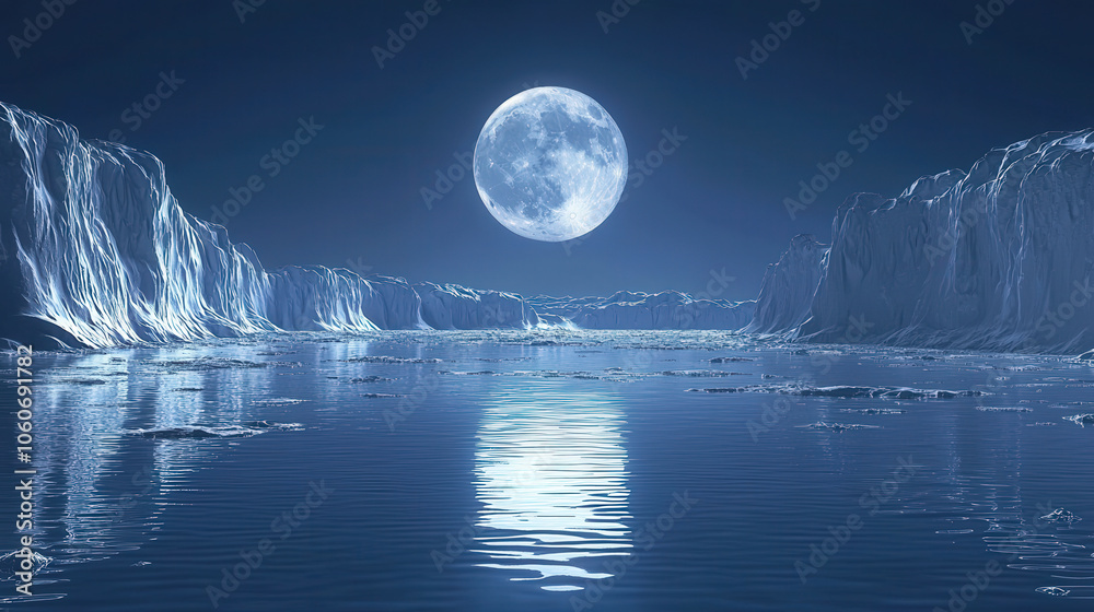 Aufkleber the full moon reflects on calm waters surrounded by towering ice formations, creating a serene night