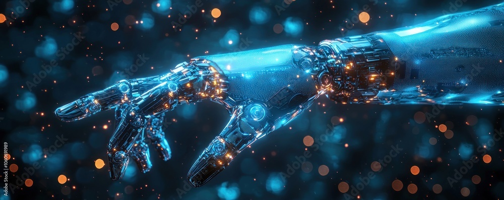 Poster a close-up view of a glowing metallic robotic hand reaching out in a dark space with blue and orange