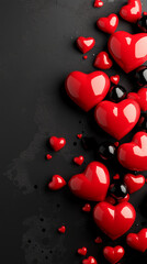 Glossy red and black hearts scattered on dark background create romantic and vibrant atmosphere, perfect for expressing love and affection