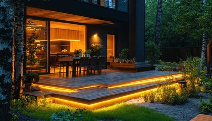 Elegant modern house exterior with illuminated dining area and lush garden at dusk