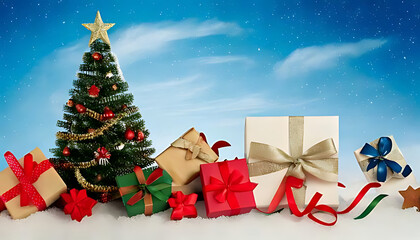 flat lay christmas decorations including tree gifts ribbon winter sky background
