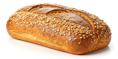 Deliciously fresh multigrain bread loaf, golden brown crust, isolated on clean white background