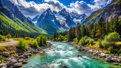Crystal clear mountain river winding through valley, surrounded by towering peaks and vibrant greenery, tranquil scenery
