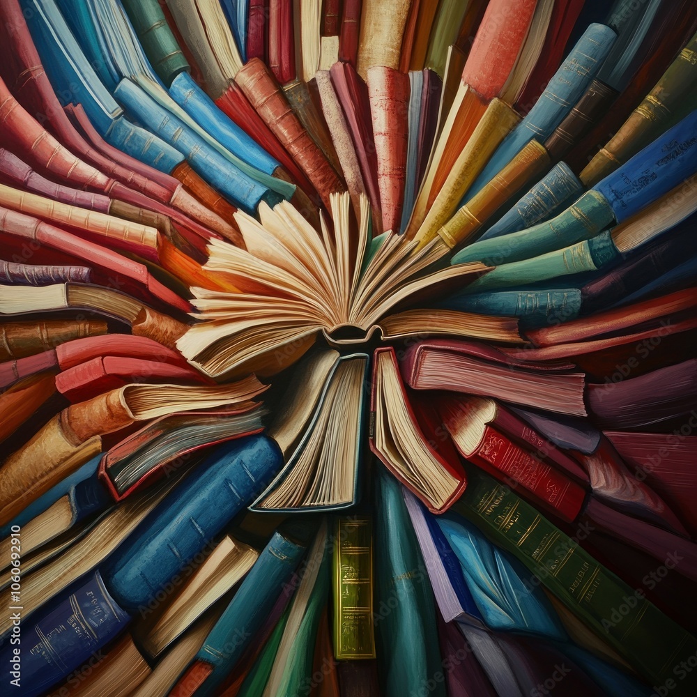 Poster a starburst of open books surrounded by closed books