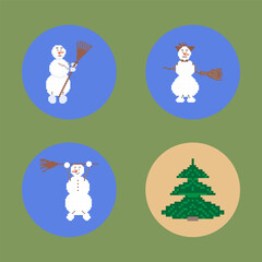 Fototapeta premium Christmas icons made of pixels with the image of a snowman with a broom in different positions