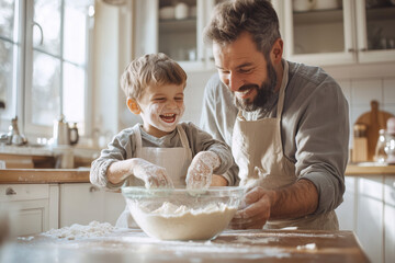 A boy and his dad are kneading cookie dough in a glass bowl and laughing in a white kitchen