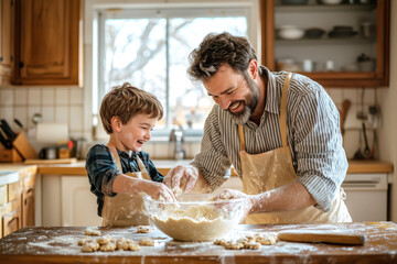 Father and son making cookie dough in a wooden kitchen, they laugh and enjoy life