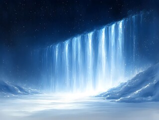 A breathtaking digital artwork of a surreal waterfall cascading into a tranquil icy landscape, illuminated by ethereal blue tones and sparkling stars in the night sky.