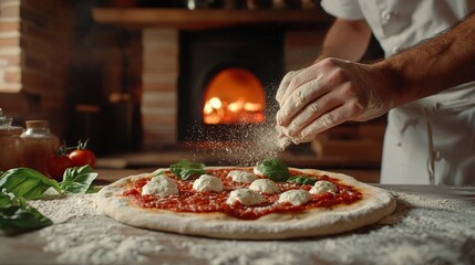 A delicious breakfast pizza with a golden crust, topped with sunny-side-up eggs, crispy bacon, and melted cheese. Fresh herbs are sprinkled on top, and the pizza is served on a rustic board, creating 