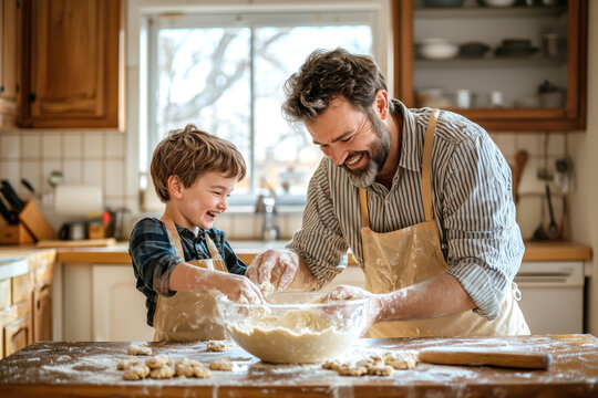 Father and son making cookie dough in a wooden kitchen, they laugh and enjoy life