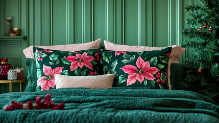 A beautifully arranged bedroom showcases holiday decor with vibrant poinsettia pillows and a green color palette, creating a warm atmosphere