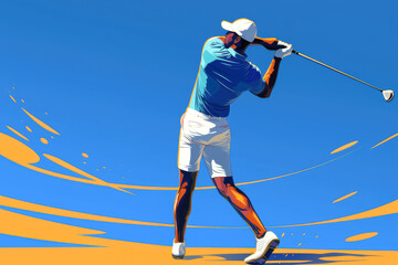 Golfer in Motion with Stylish Follow-Through. An illustration showing a male golfer, dark skin, finishing his swing on a sunny day.
