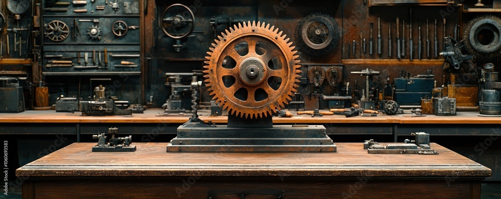 Poster rusty gear on a wooden table in a workshop