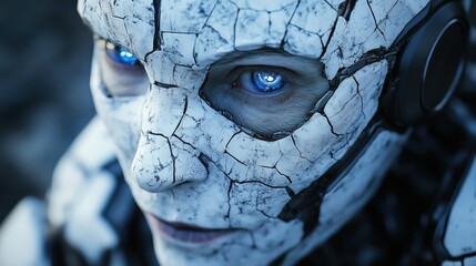 Cracked white android face with glowing blue eyes