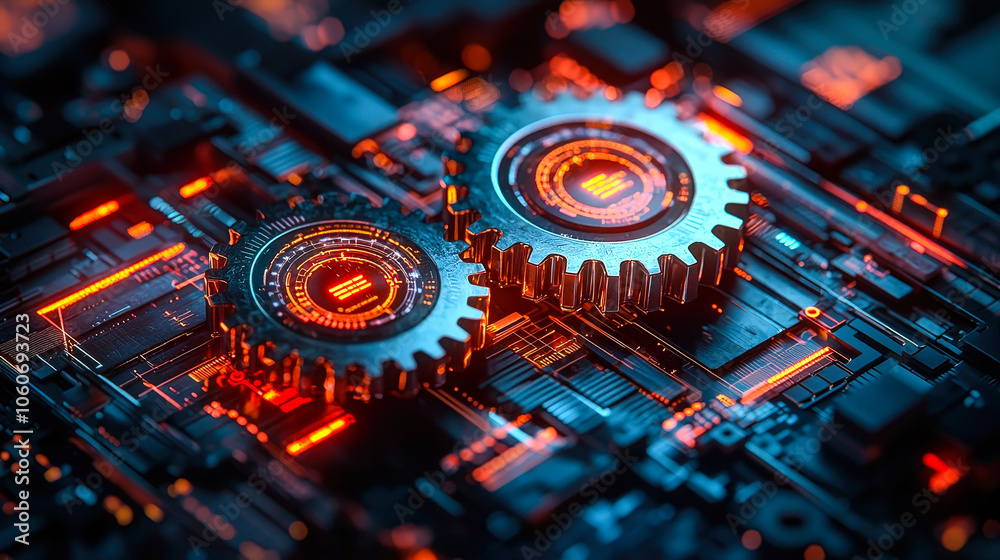 Poster Two metallic gears mesh together on an electronic circuit board illuminated by vibrant orange light showcasing technology\'s complexity