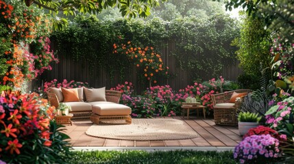 A sunny garden patio with a wooden deck, colorful flowers, and outdoor furniture.