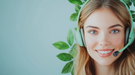 A diverse team of customer support representatives wearing headsets, smiling and engaged in conversations with customers, showcasing a modern call center environment.