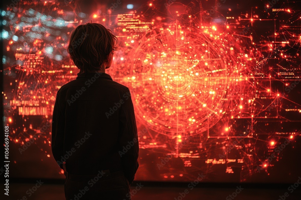 Poster a silhouetted boy gazes at a red abstract light display