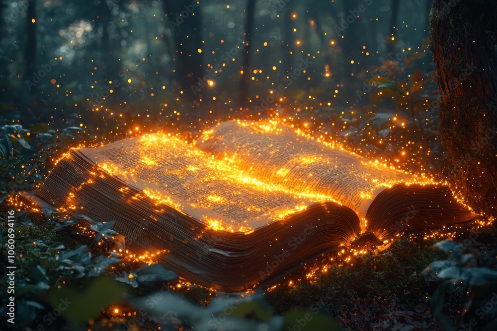 Poster glowing book in a mystical forest setting