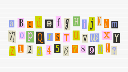 Collage font colorful cutout letters, cut pieces paper alphabet.Cuts from newspaper, anonymous message style. Vector set