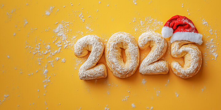 The numbers 2025 are made from bread dough. Above the number 5 is a Santa Claus hat. Yellow background, empty space for text, flat lay.