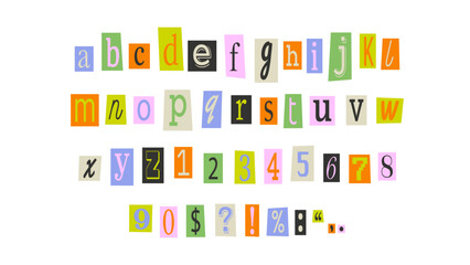Collage font colorful cutout letters, cut pieces paper alphabet.Cuts from newspaper, anonymous message style. Vector set