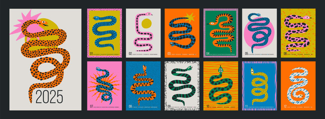 Set of colorful hand draw Snakes.  Chinese New Year 2025. Trendy style.Vector illustration. Isolated