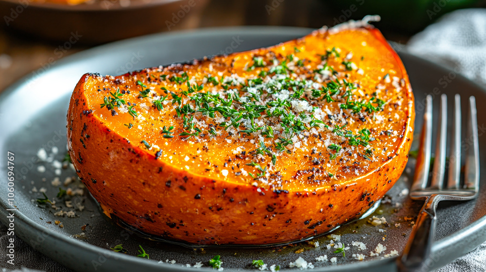 Aufkleber a slice of roasted butternut squash topped with herbs and spices sits on a plate, ready to be enjoye