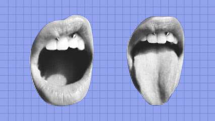 Contemporary art collage with female open mouth. Female halftone lips with tongue and piercing.Trendy vector pieces. Creative collage in Y2K style for social media, card, print on clothes.