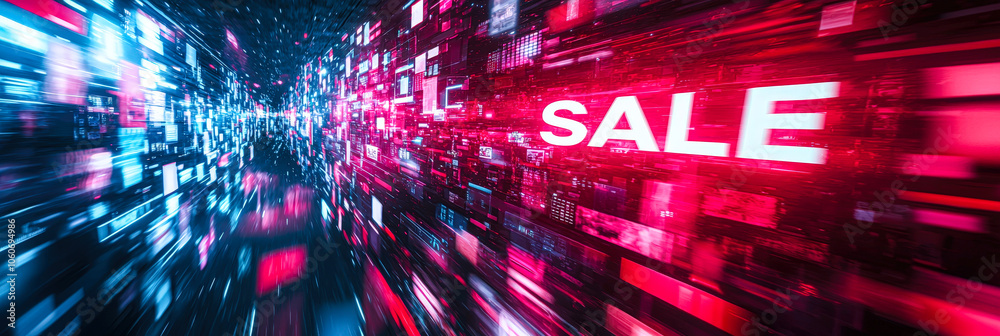 Poster A vibrant display of neon word sale prominently featured, creating an energetic atmosphere suitable for promotions