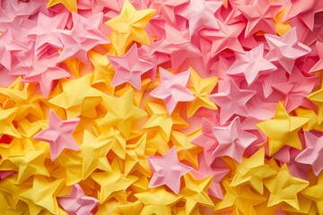 Festive yellow and pink stars confetti scattered on vibrant background ideal for celebrations and events. dynamic illustration. star pattern wallpaper. Abstract textured backdrop for digital projects